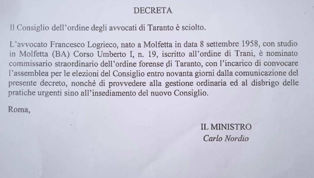 Taranto Ordine Degli Avvocati Commissariamento Noi Notizie