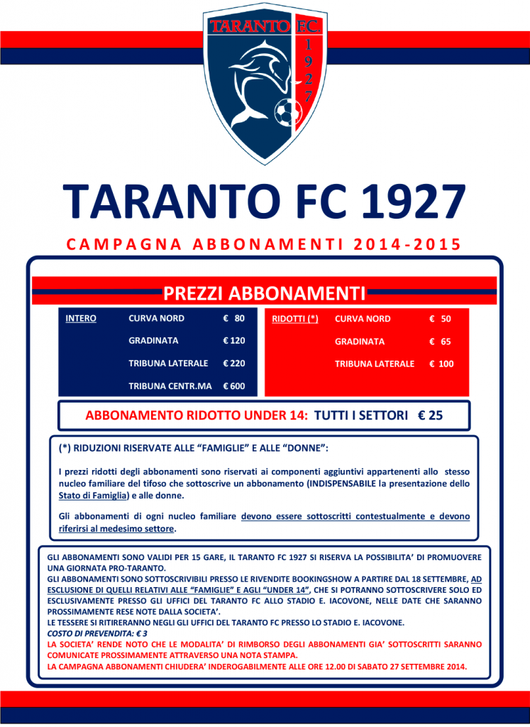 taranto calcio abbonamenti