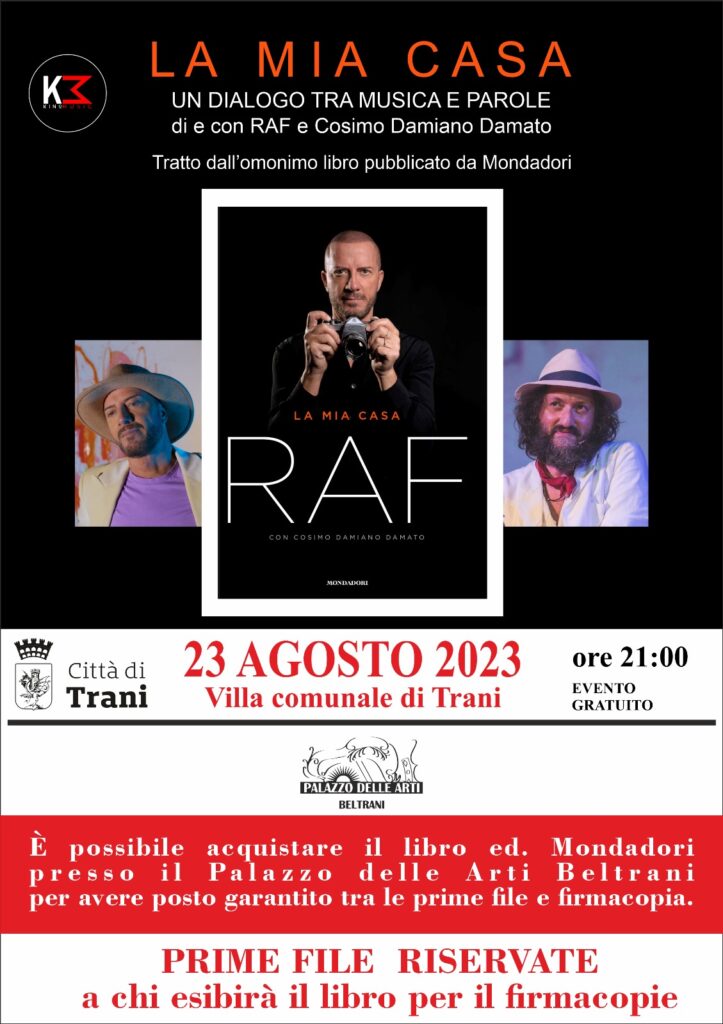 Loc. Raf in Villa comunale a Trani nel recital in anteprima nazionale La mia casa 23 agosto 2023 ore 21