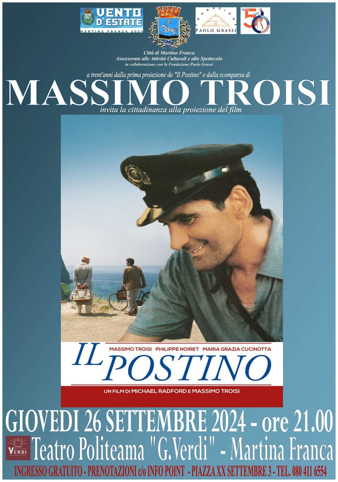 “Il postino”, trenta anni dal film e dalla morte di Massimo Troisi: proiezione ricordo giovedì a Martina Franca Politeama Verdi