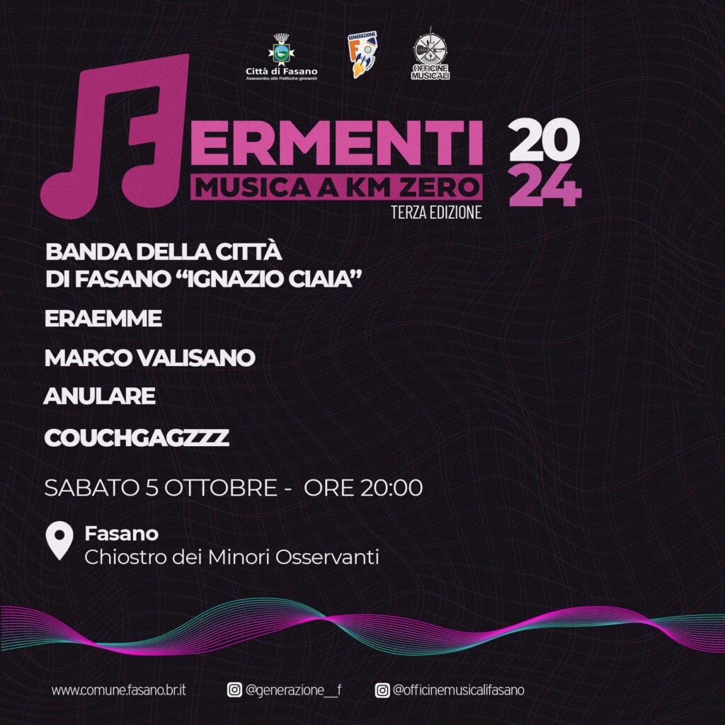 Loc. Fermenti Festival Muscia a km 0, III ed., 5 ottobre, Chiostro dei Minori Osservanti a Fasano (Br)