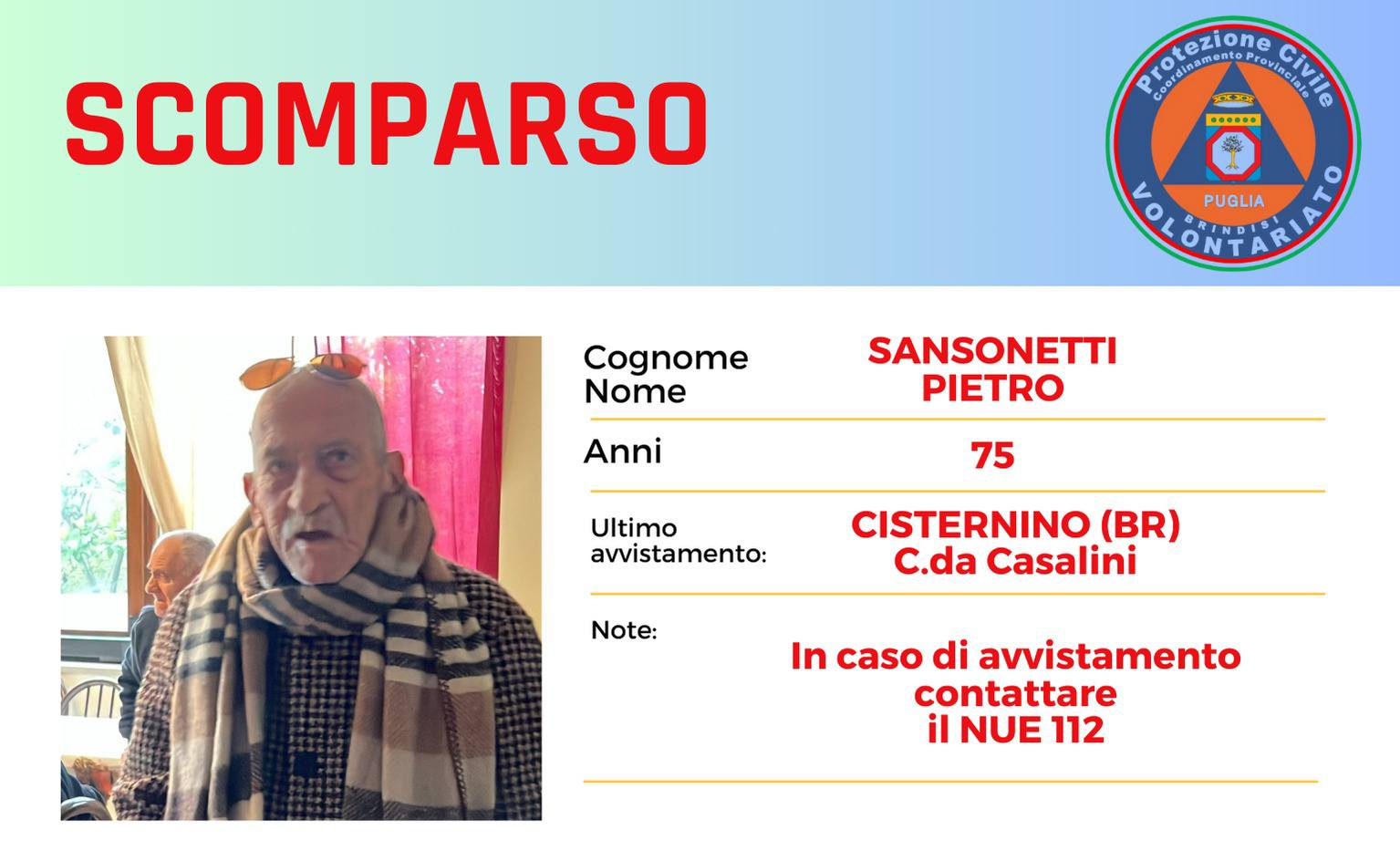 Cisternino: ancora nessuna traccia dello scomparso Decine di volontari aiutano nelle ricerche